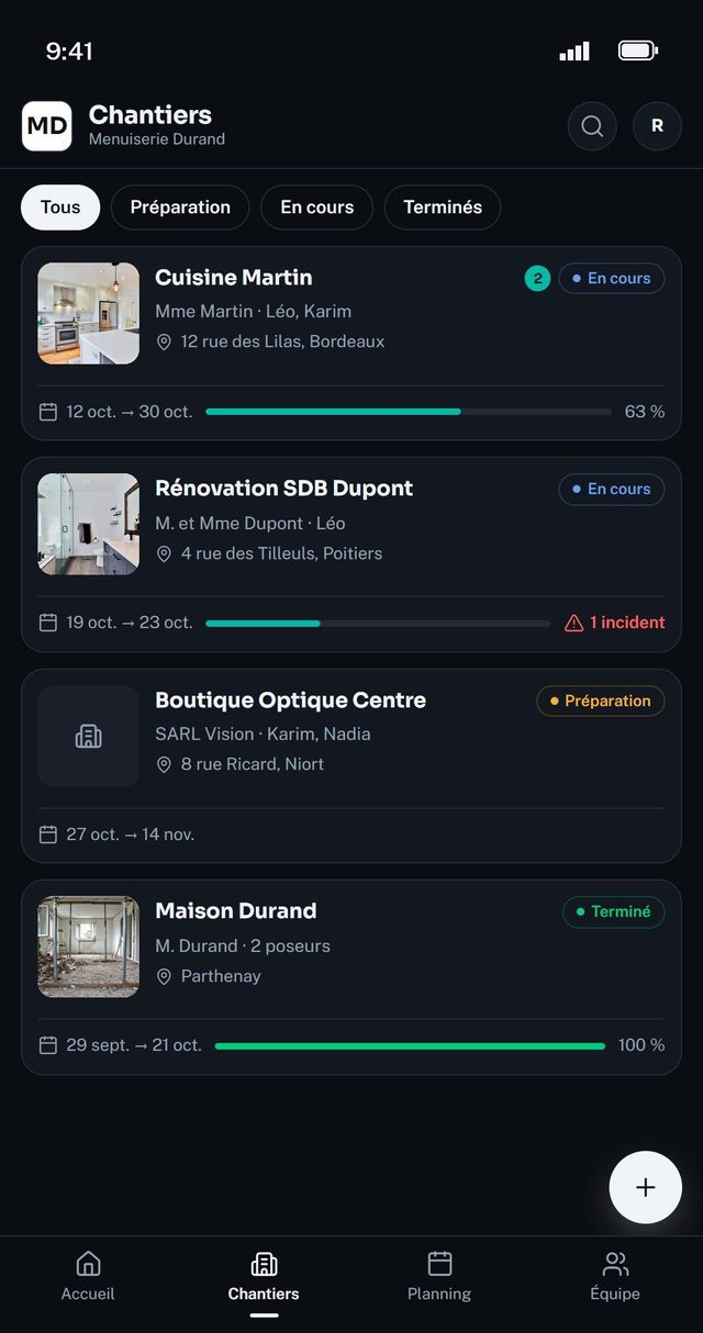 Liste des chantiers dans Rilyo