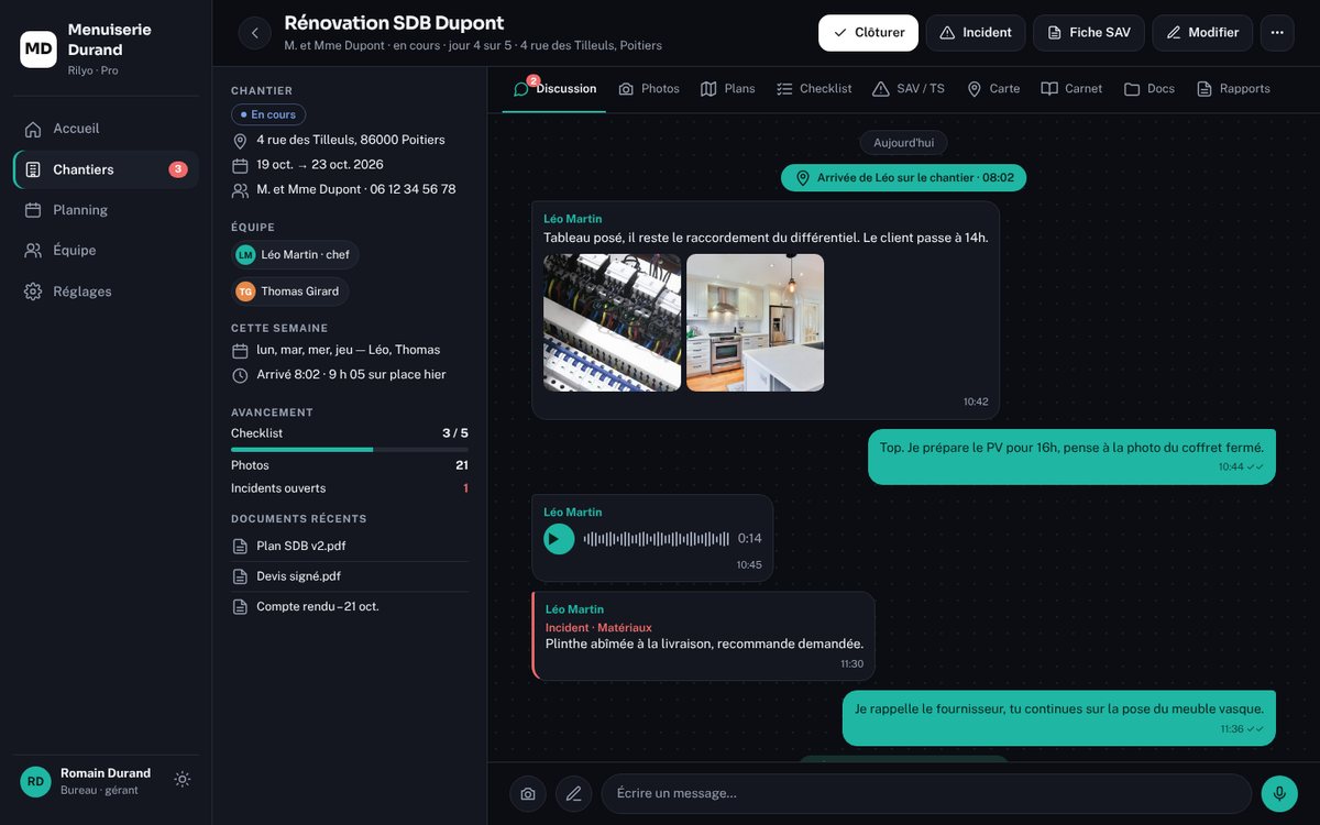 Rilyo sur ordinateur : fiche chantier avec panneau d'infos et discussion